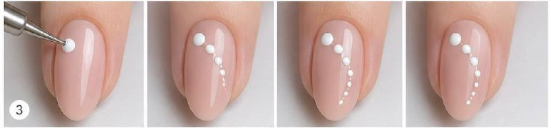 Dotting tool placing raised white dots for dot-to-line nail art