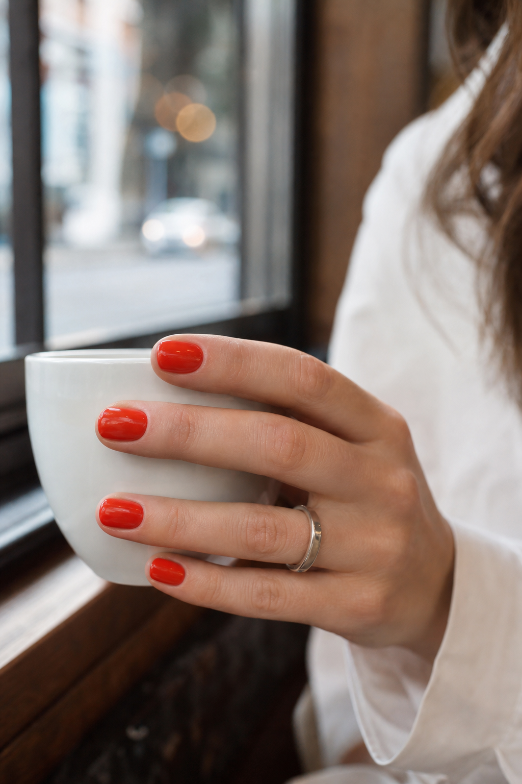 Glossy tomato-red manicure on a different hand at a quiet city café