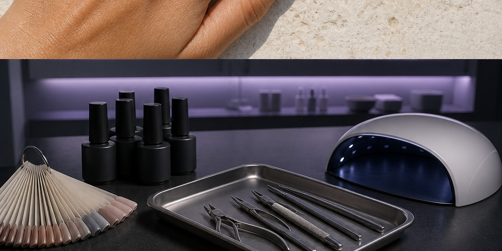 An organised professional nail desk with unbranded gel bottles, clean tools and a restrained violet-grey palette.