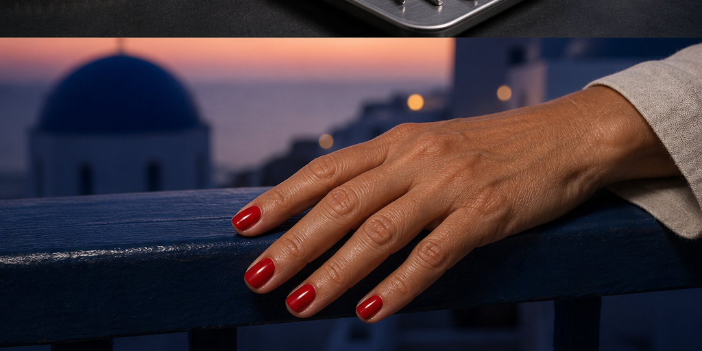 A mature woman’s short tomato-red manicure against a deep-blue evening terrace and warm Mediterranean light.