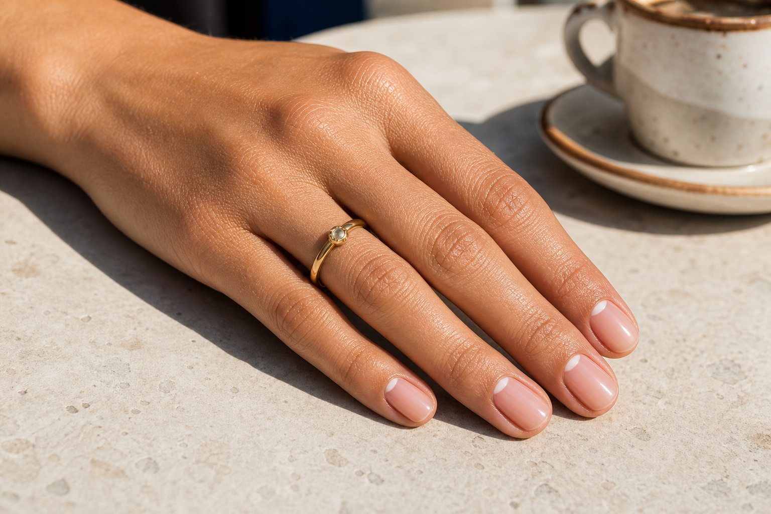 Sheer rosy milky-moon manicure in angled late-afternoon Greek light