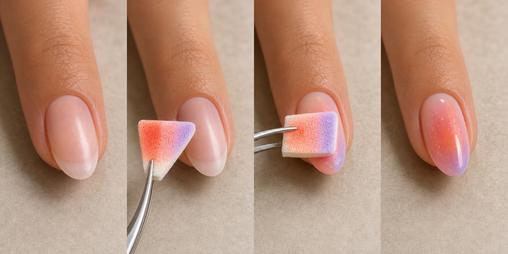 Visual stages of creating a sunset aura sponge gradient