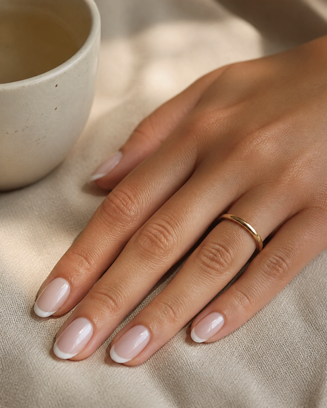 Creamy vanilla-glaze manicure on a softly lit hand
