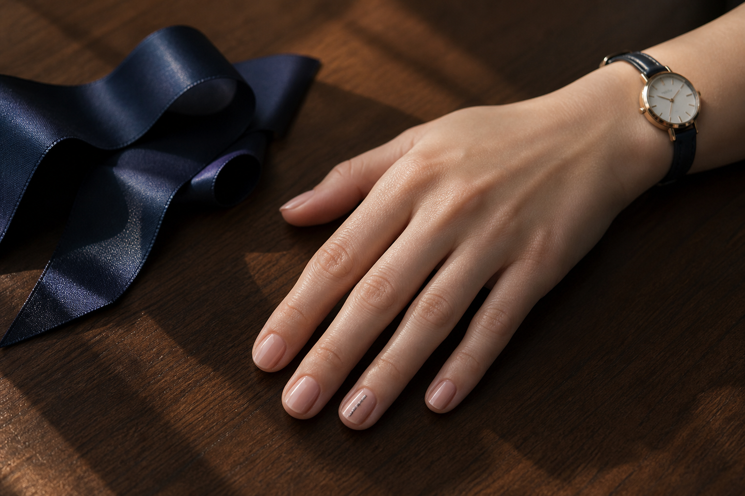 Sheer nude manicure with one delicate silver-blue fish accent