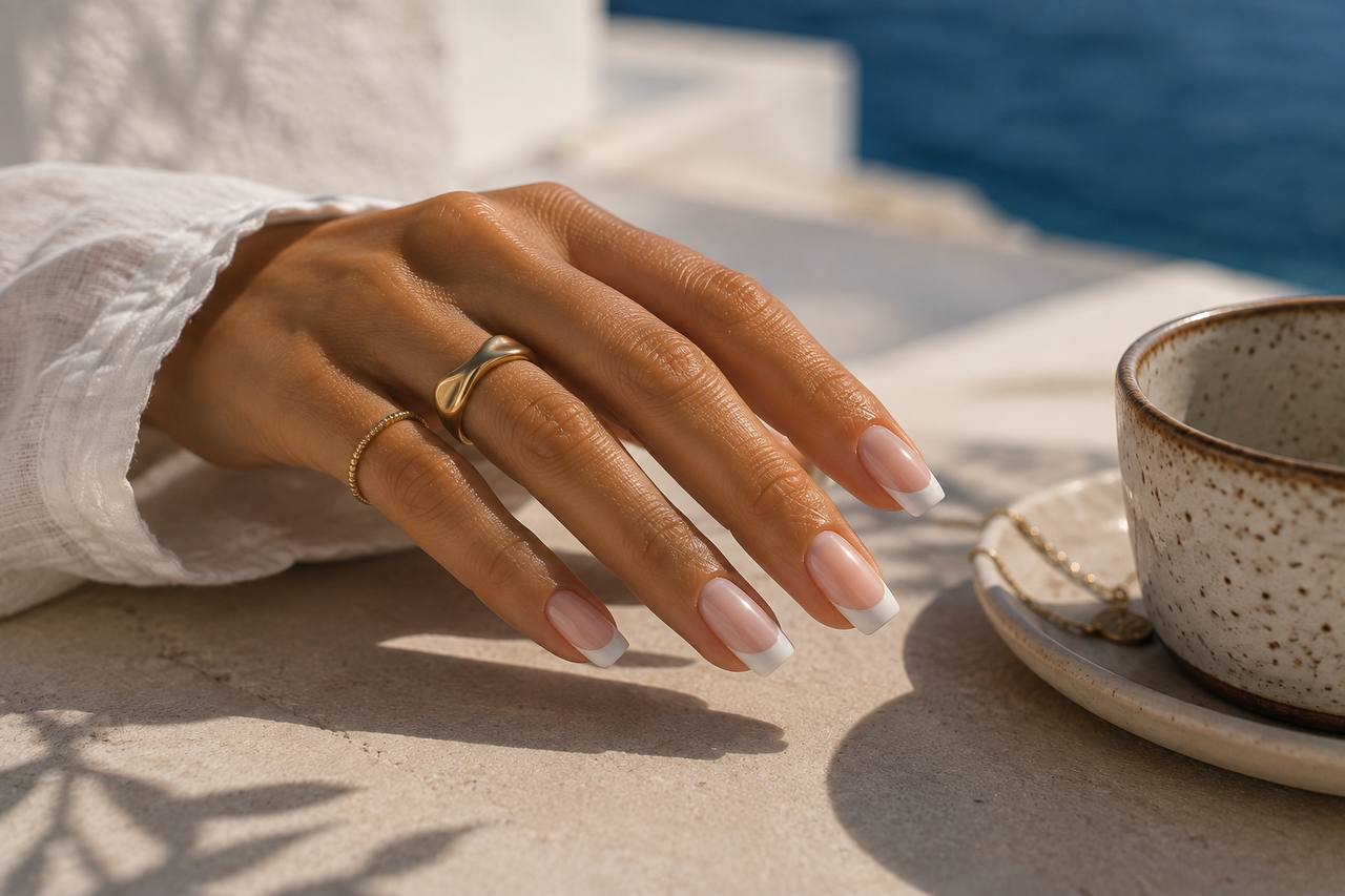 Soft square Greek manicure detail