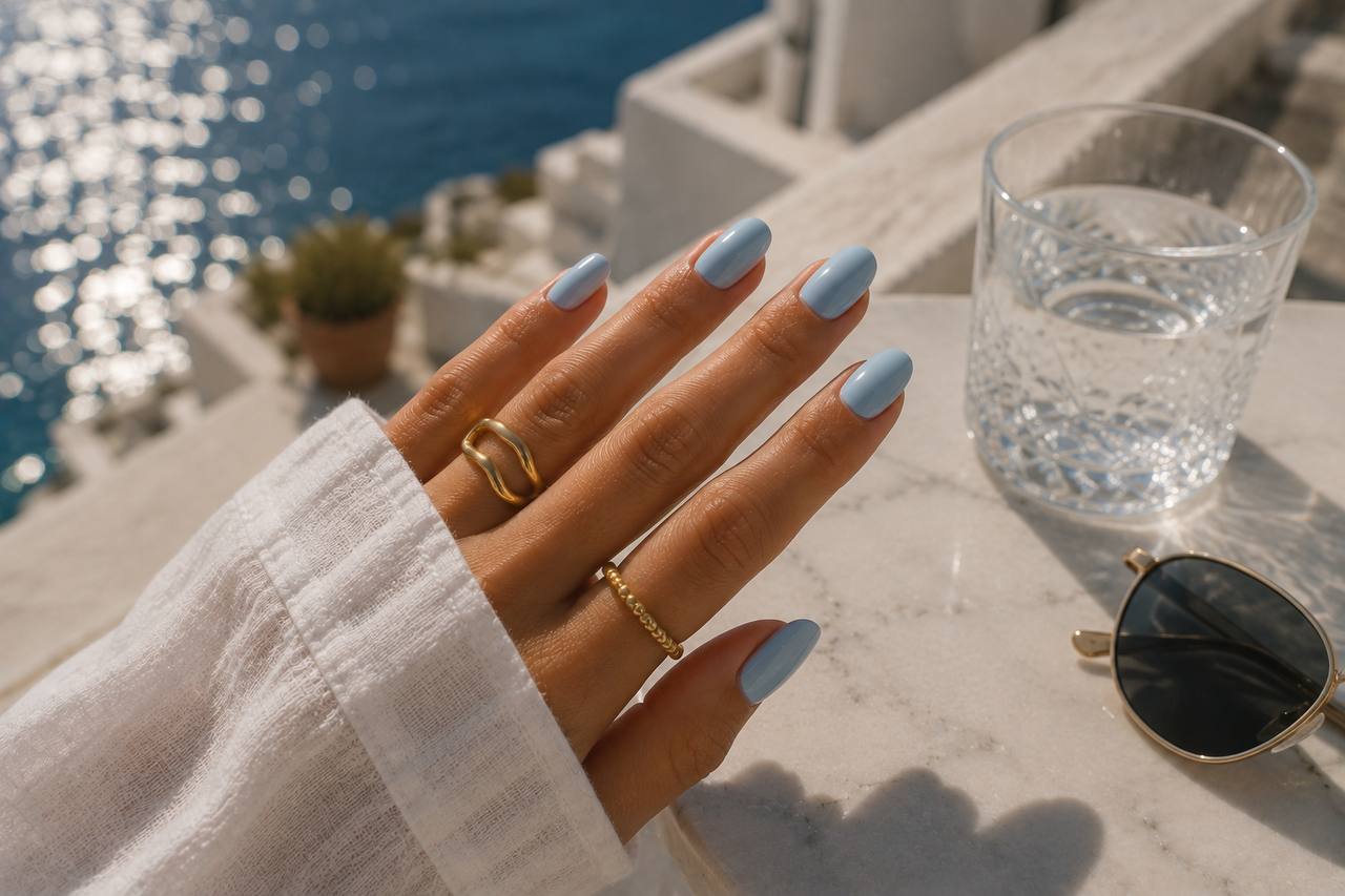 Cool blue summer manicure in clear local light