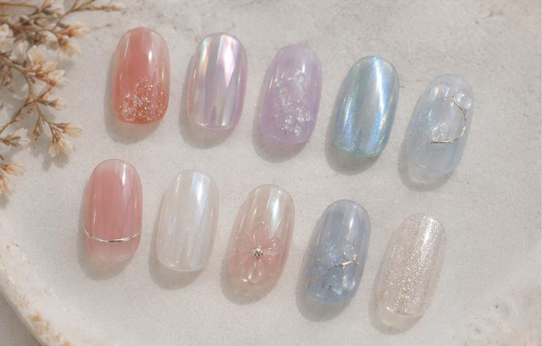 Short nail sample set showing jelly colour, magnetic shine and clear marine detail