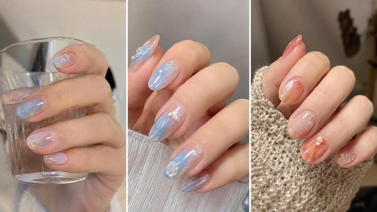 Glass and magnetic short nail designs in blue, peach and translucent tones