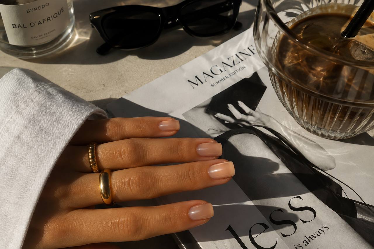 Short sheer glossy nude nails with an editorial café mood