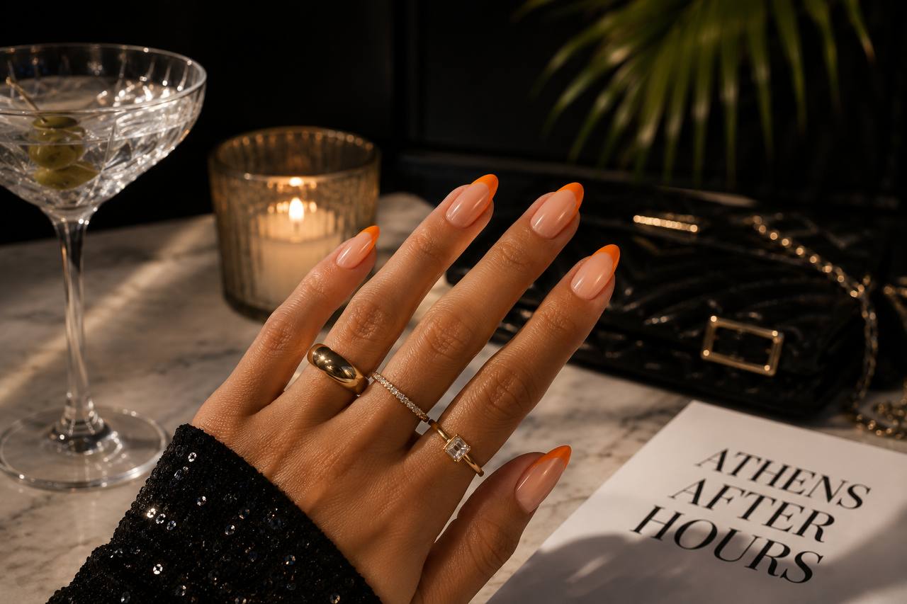 Aperol orange French manicure in an evening cocktail setting