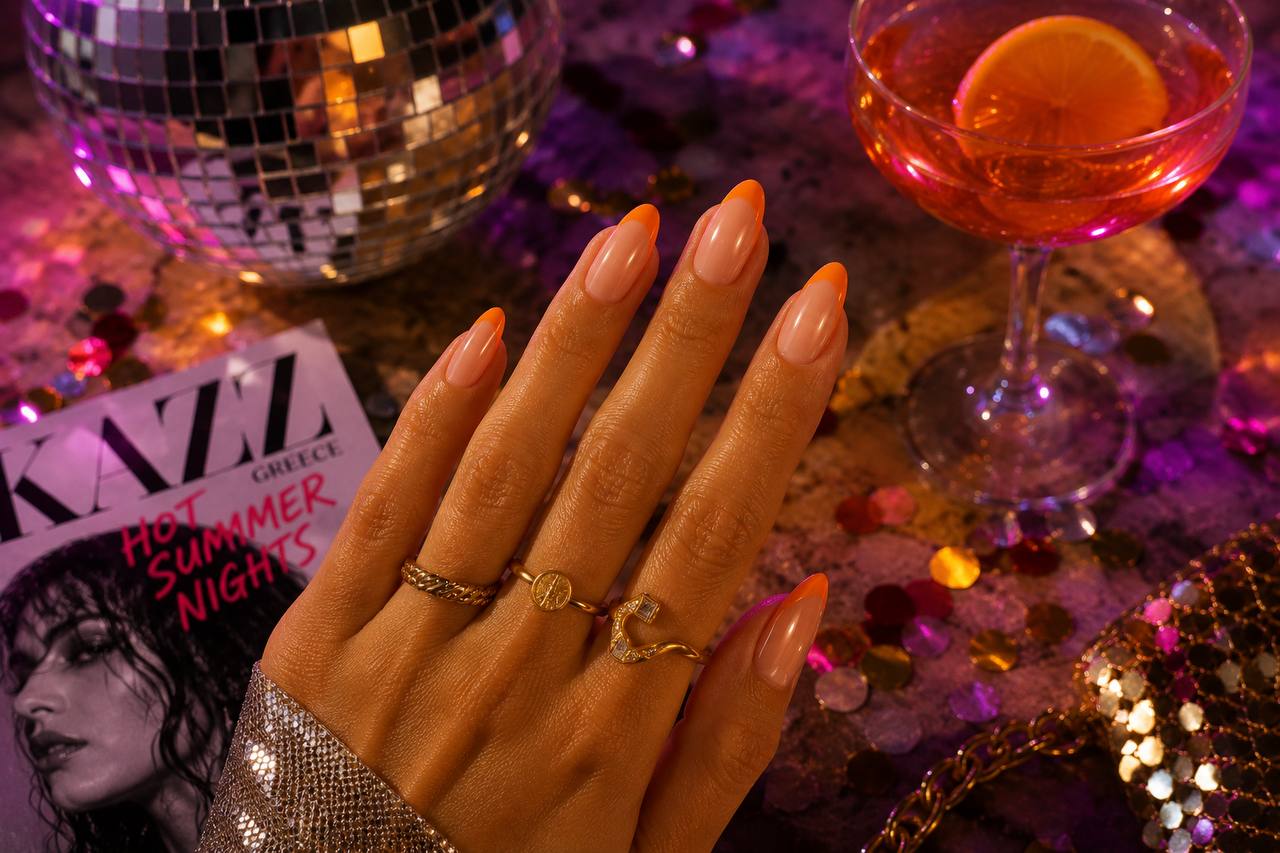 Orange French manicure in hot summer night party lighting