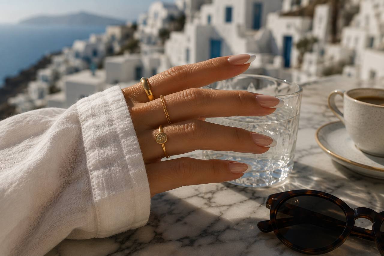 Clean vacation French manicure in warm island light