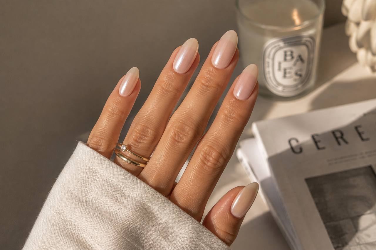 Soft pearlescent nude manicure with translucent almond nails