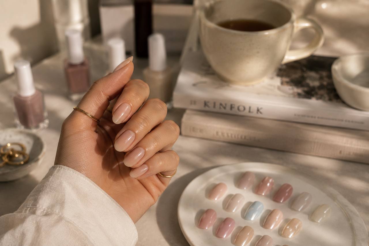 Soft nude, pink, beige and milky nail colour palette