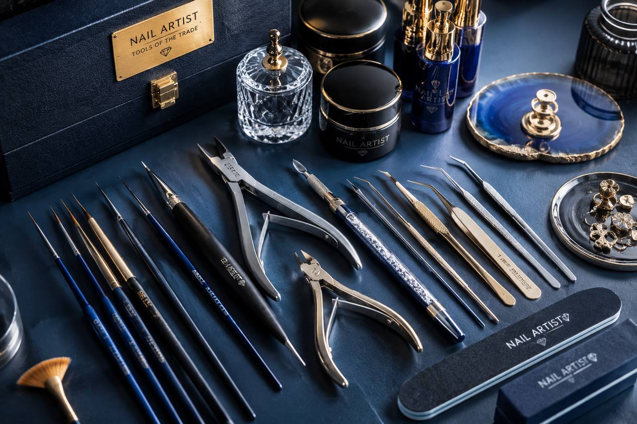 Clean professional nail tools and products prepared for a consistent salon service