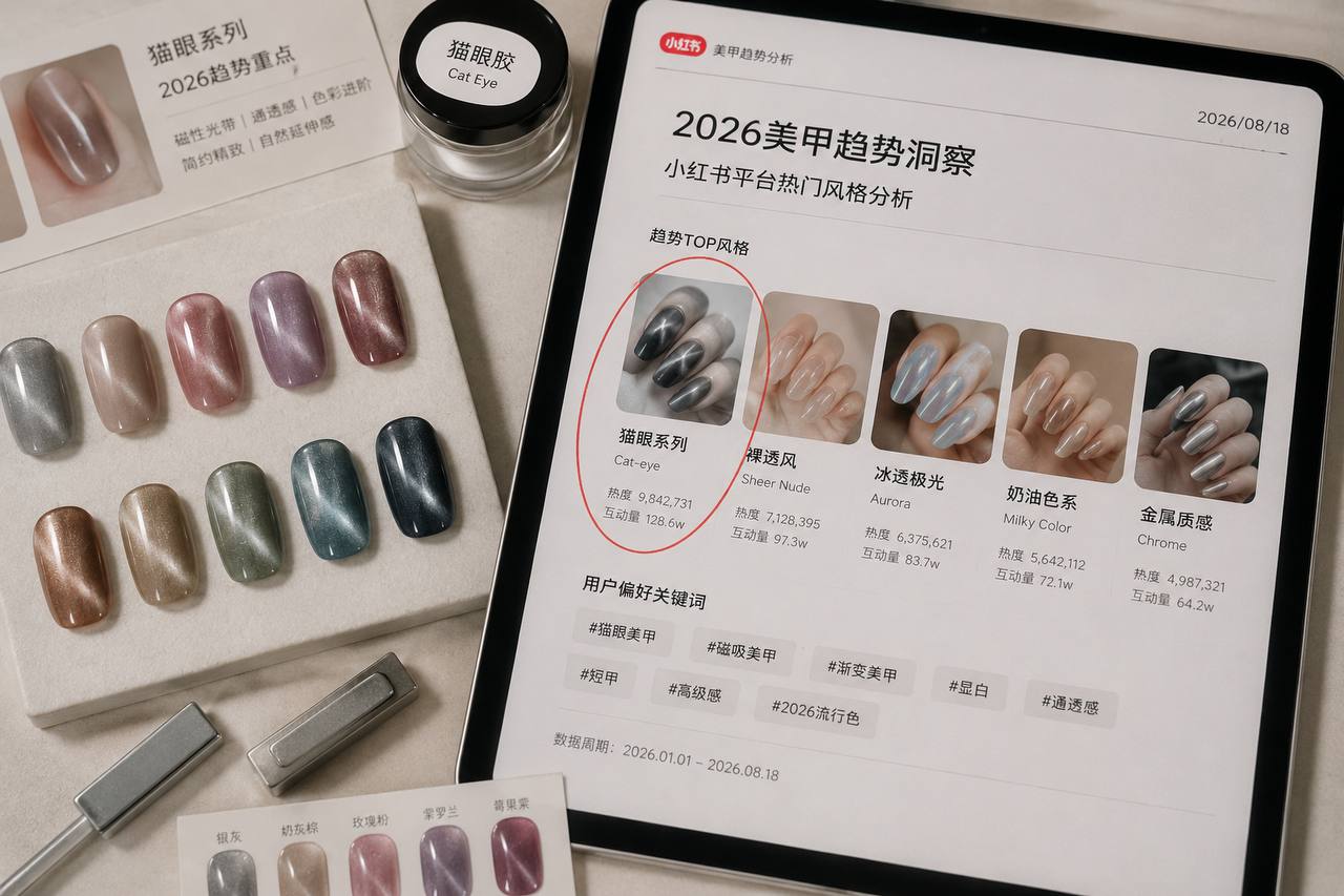 Chinese-language 2026 manicure trend analysis showing cat-eye, sheer nude, aurora, milky and chrome categories