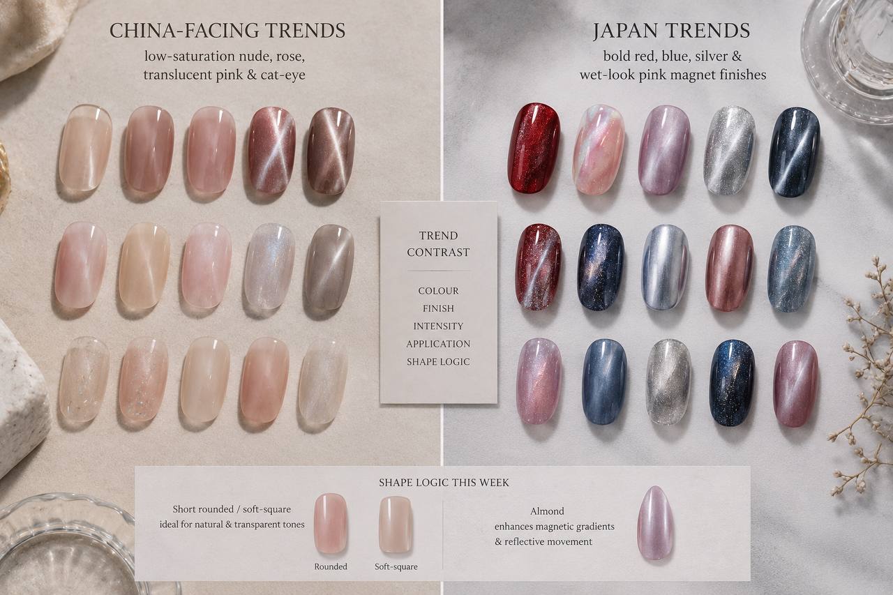 Visual comparison board showing China-facing nude and cat-eye trends beside Japanese red, blue, silver and wet-look magnetic finishes