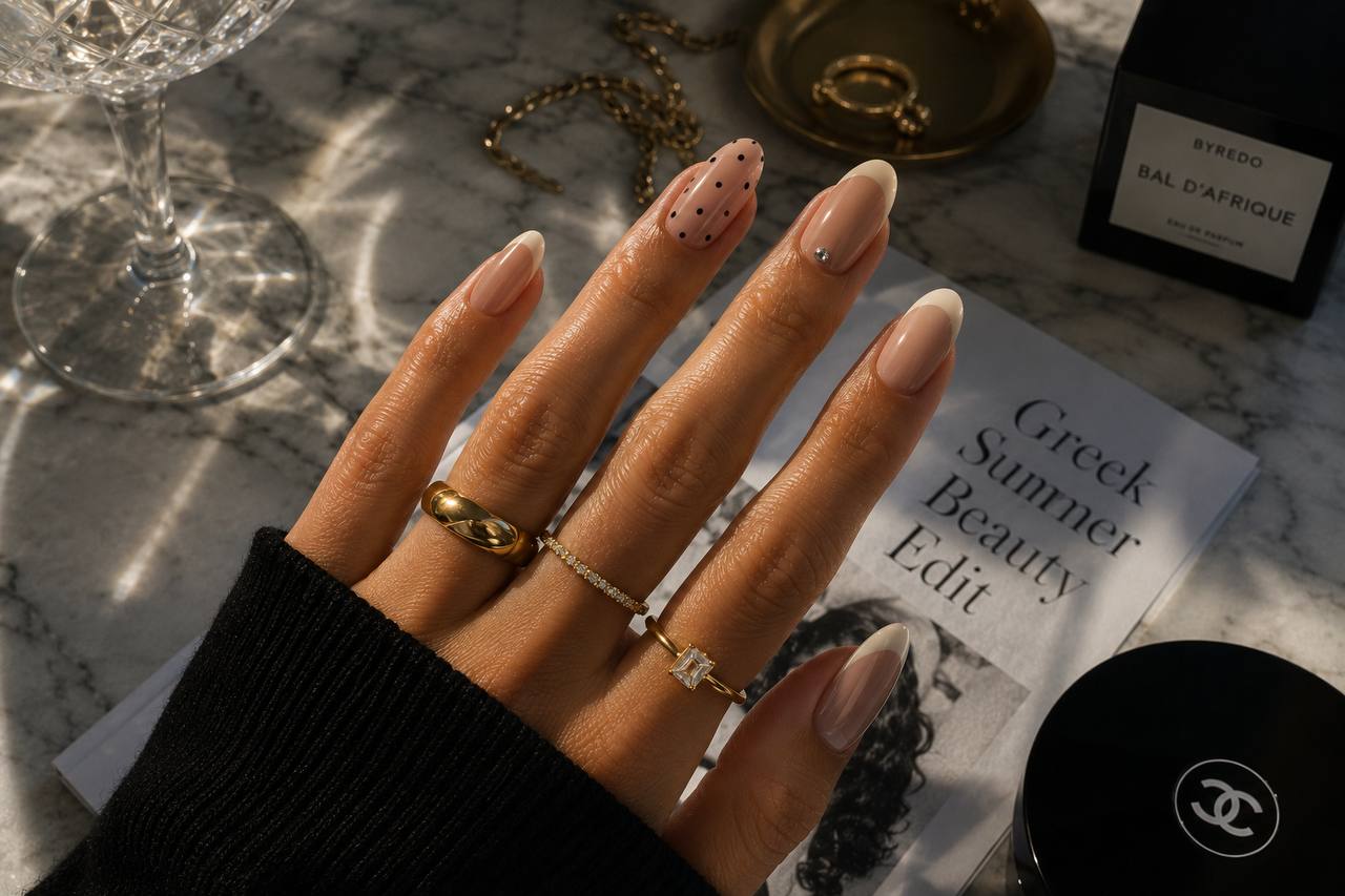 A late-summer manicure built on nude, structure and one controlled detail.