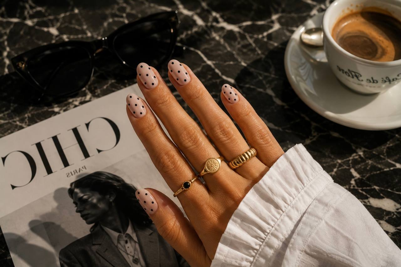 Micro polka dots make the nude manicure feel graphic without becoming loud.