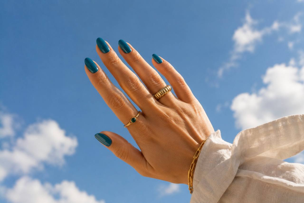 Teal keeps late-summer colour sharp against sun, skin and gold jewellery.