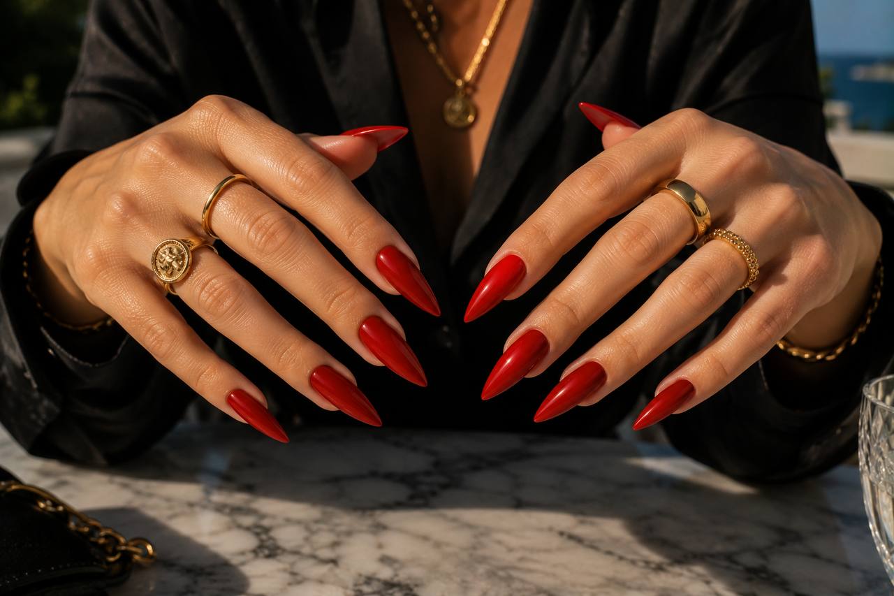 Glossy red on long stiletto nails brings the week’s sharpest, most theatrical silhouette.