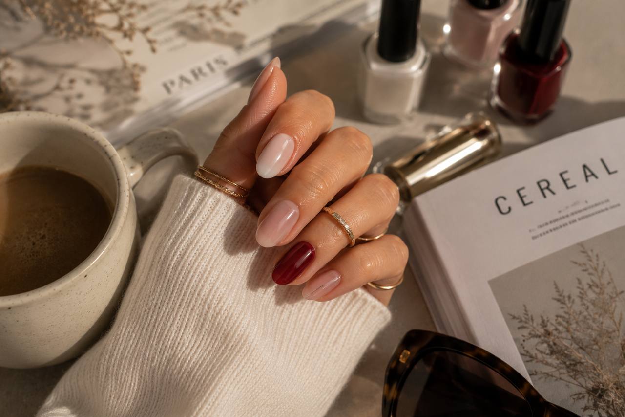 Translucent coconut white, syrup pink and cherry red manicure for early autumn