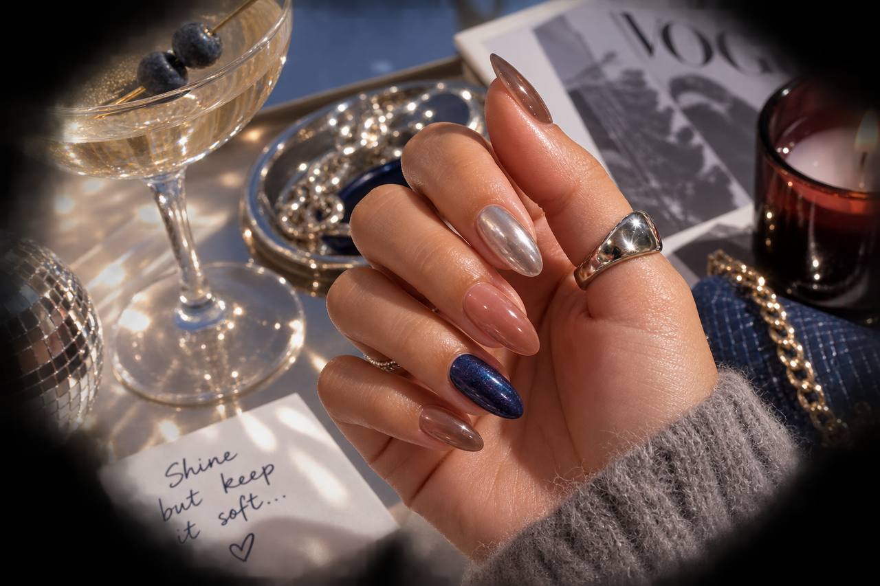 Molten silver, sapphire, soft brown and sheer pink manicure palette for autumn transition