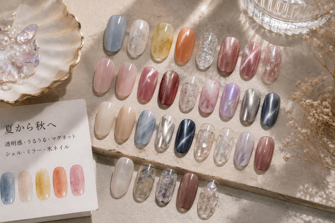Japanese late-summer nail palette with dusty blue, wet-look, shell, mirror and magnetic finishes
