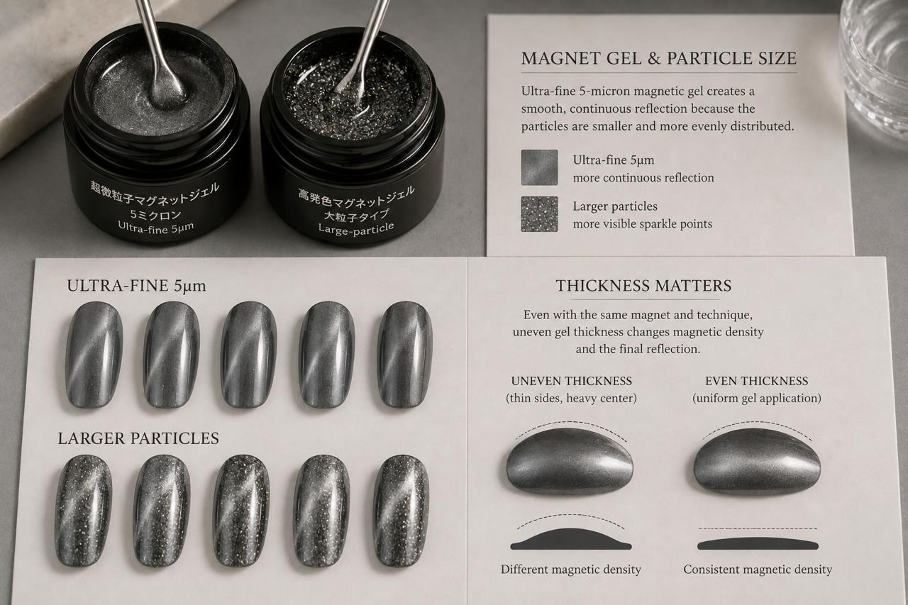 Magnet gel particle-size comparison showing ultra-fine 5-micron pigment and even gel thickness