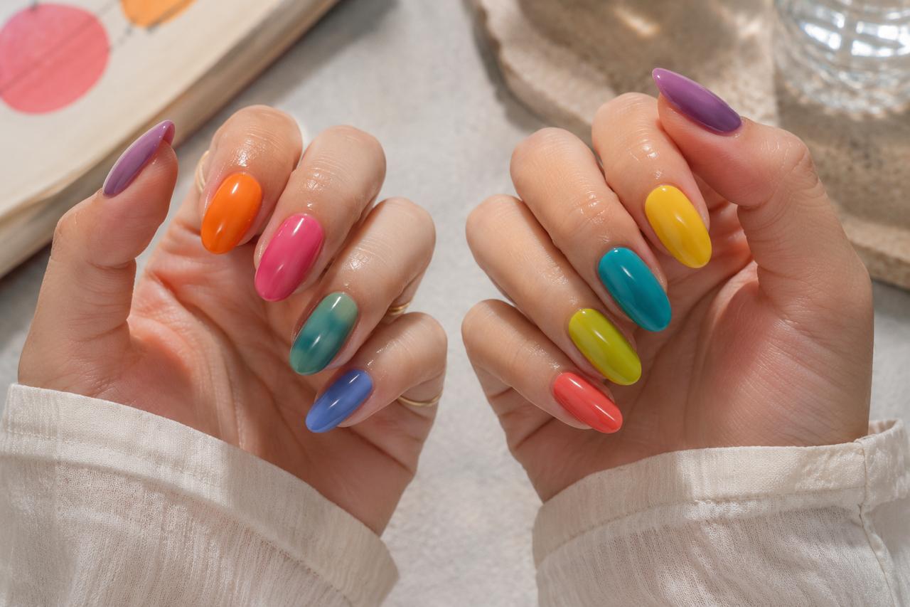 Colourful dopamine manicure showing bright saturated late-summer nail colours