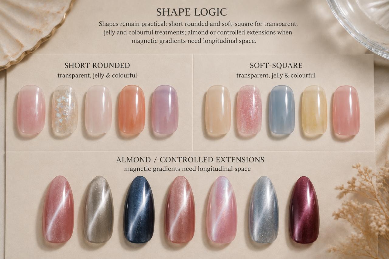 Shape logic board comparing short rounded, soft-square and almond nails for transparent, jelly and magnetic designs