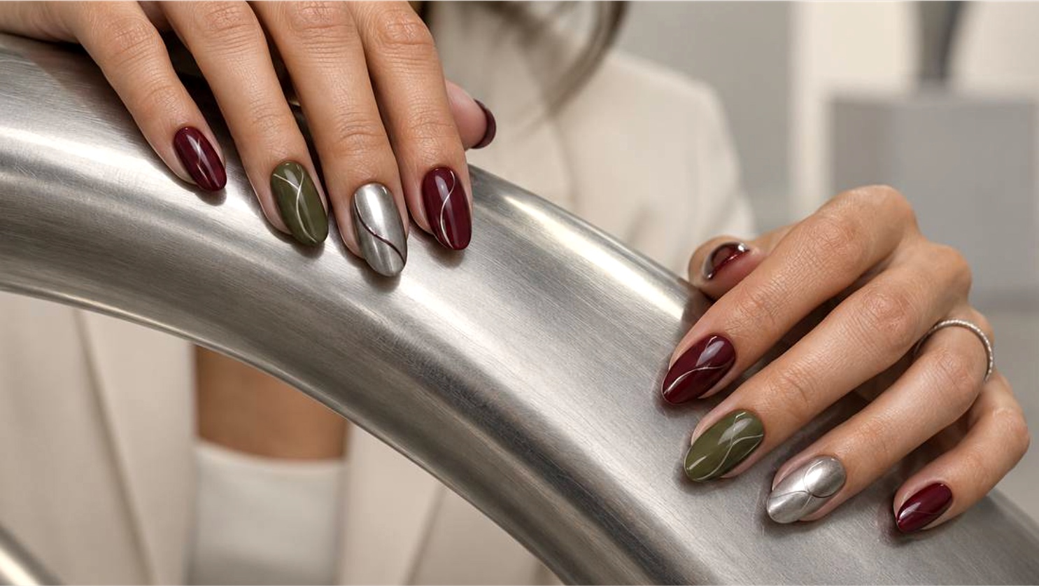 Metallic silver burgundy and olive manicure showing structural reflective finish