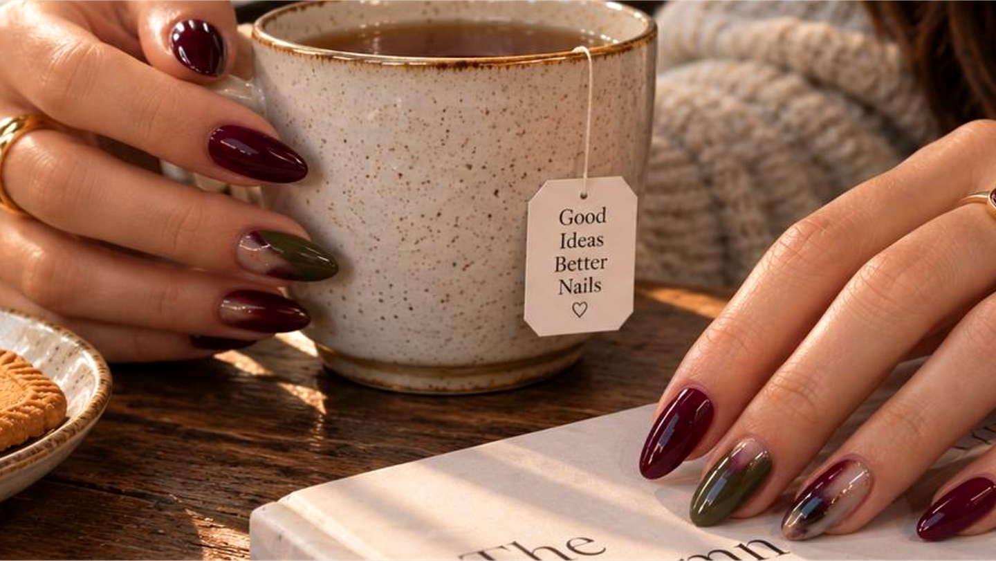Vineyard manicure palette with burgundy olive and reflective autumn tones