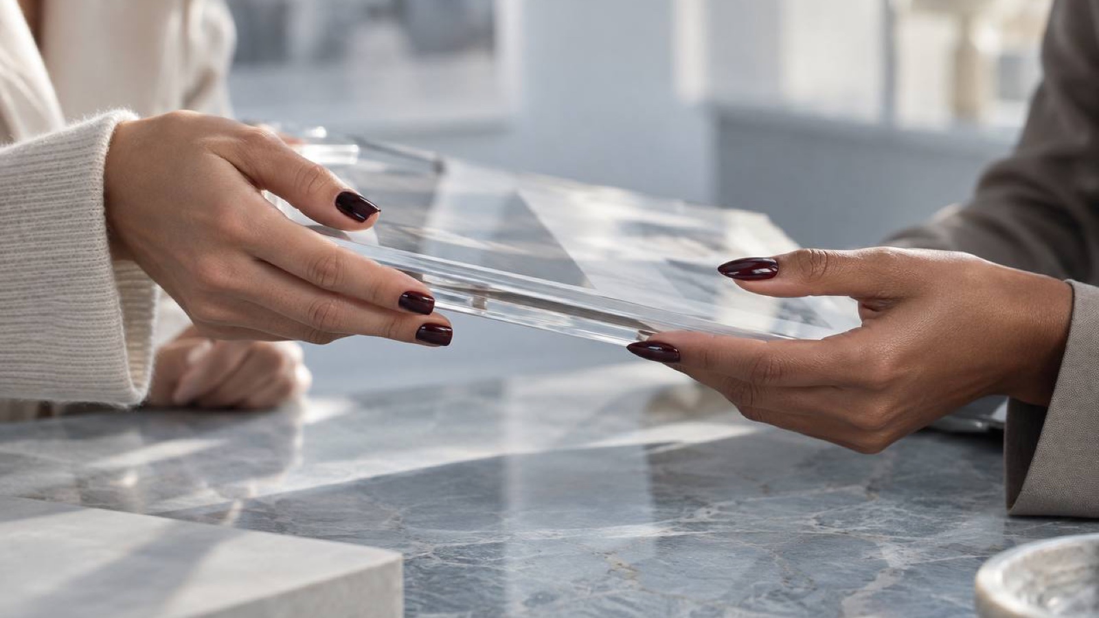 Black cherry nails and clear acrylic showing the sunglass-tint effect of light through colour